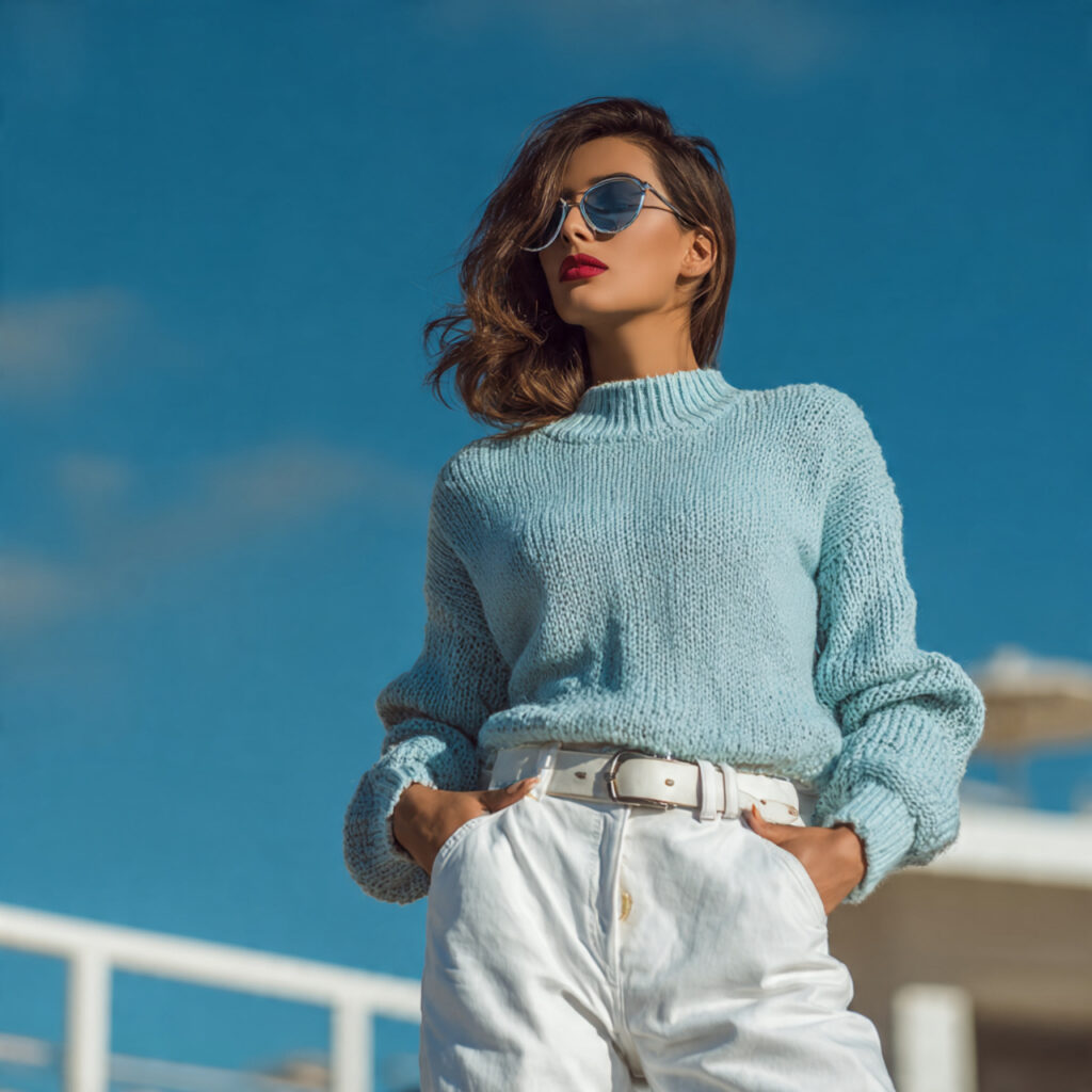 14 Blue Outfit Ideas That Make Getting Dressed Feel Effortlessly Chic 2 Baby Blue Sweater + White Jeans