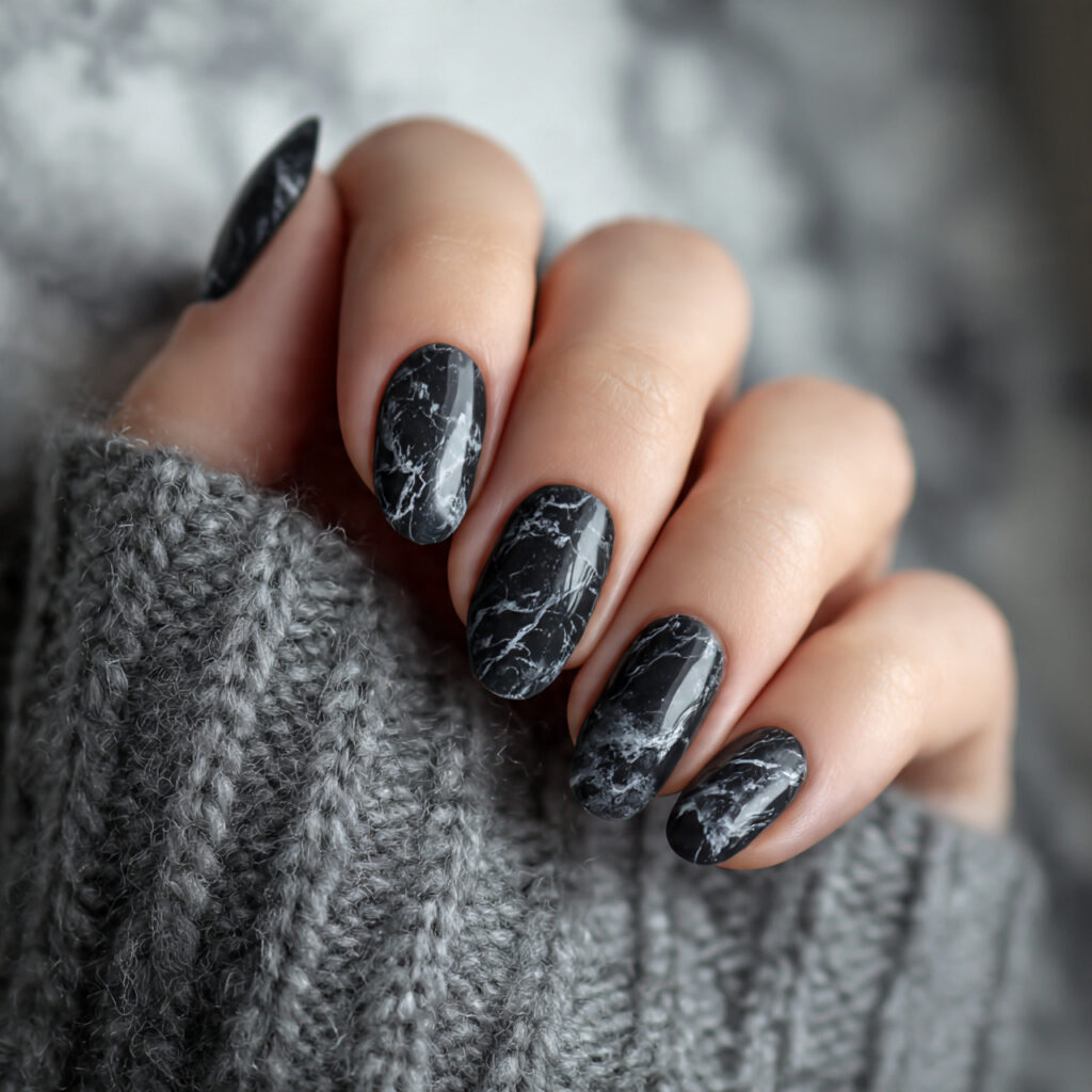 Black Marble Short Nails