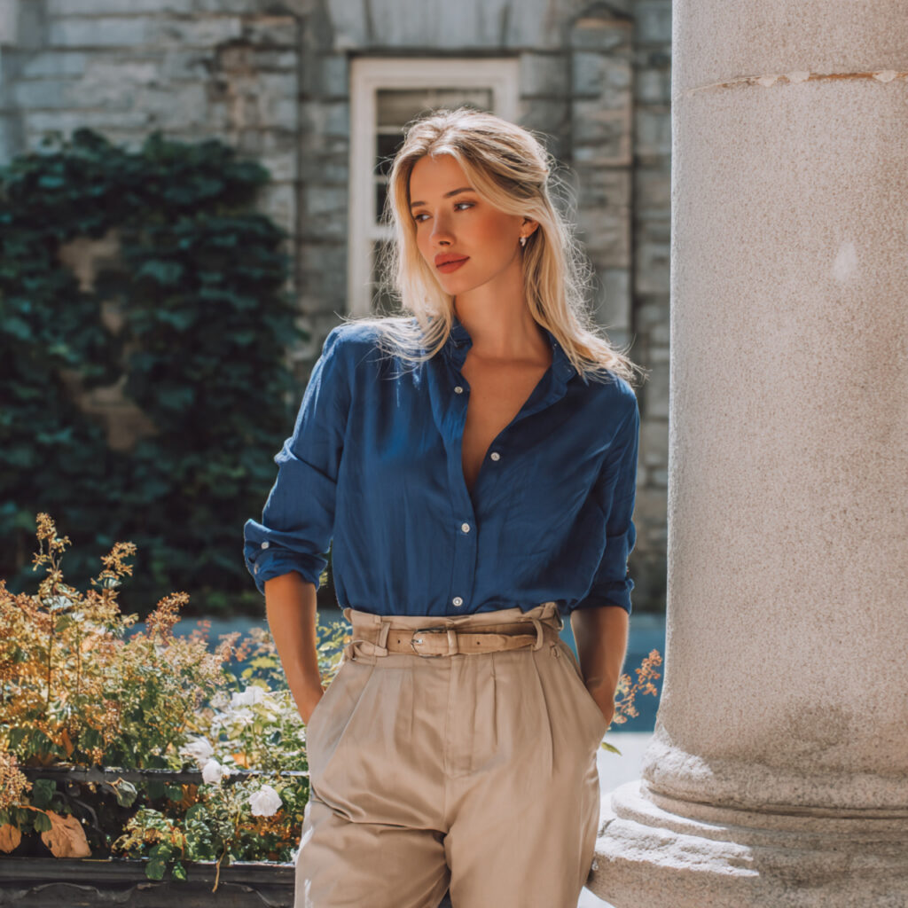 14 Blue Outfit Ideas That Make Getting Dressed Feel Effortlessly Chic 5 Blue Button-Down Shirt + Beige Trousers