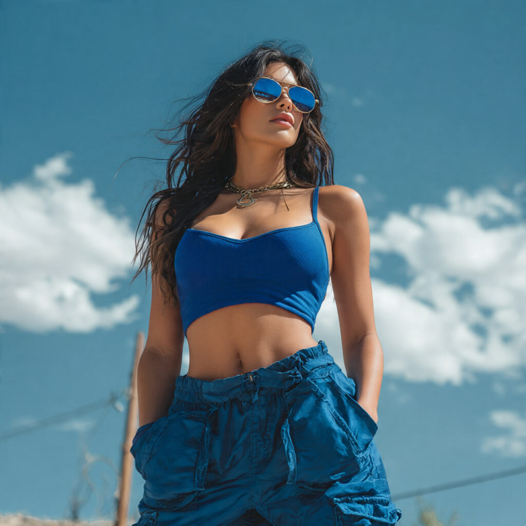 14 Blue Outfit Ideas That Make Getting Dressed Feel Effortlessly Chic 12 Blue Cargo Pants + Crop Top