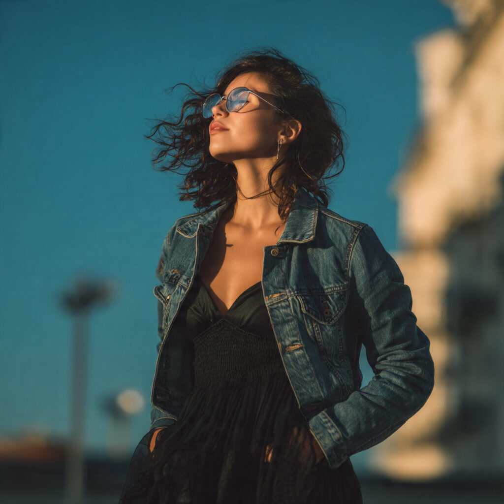 14 Blue Outfit Ideas That Make Getting Dressed Feel Effortlessly Chic 3 Blue Denim Jacket + Black Dress
