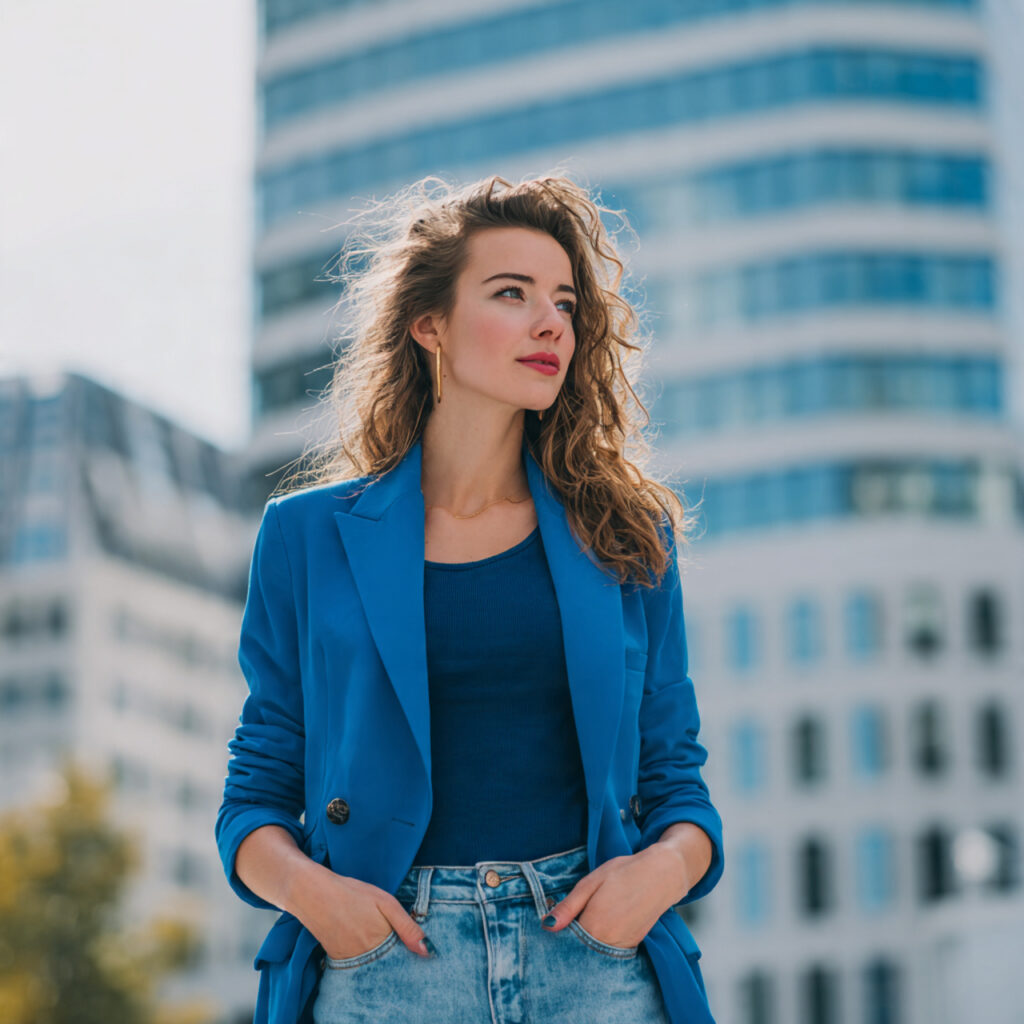 14 Blue Outfit Ideas That Make Getting Dressed Feel Effortlessly Chic 4 Cobalt Blue Blazer + Jeans
