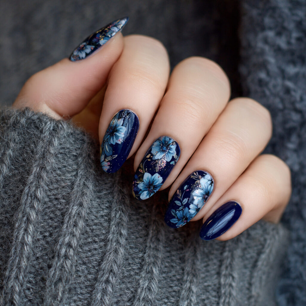 15 Dark Blue Nail Ideas That Look Expensive (But Are Totally Wearable Tomorrow) 14 Dark Blue Floral Nails
