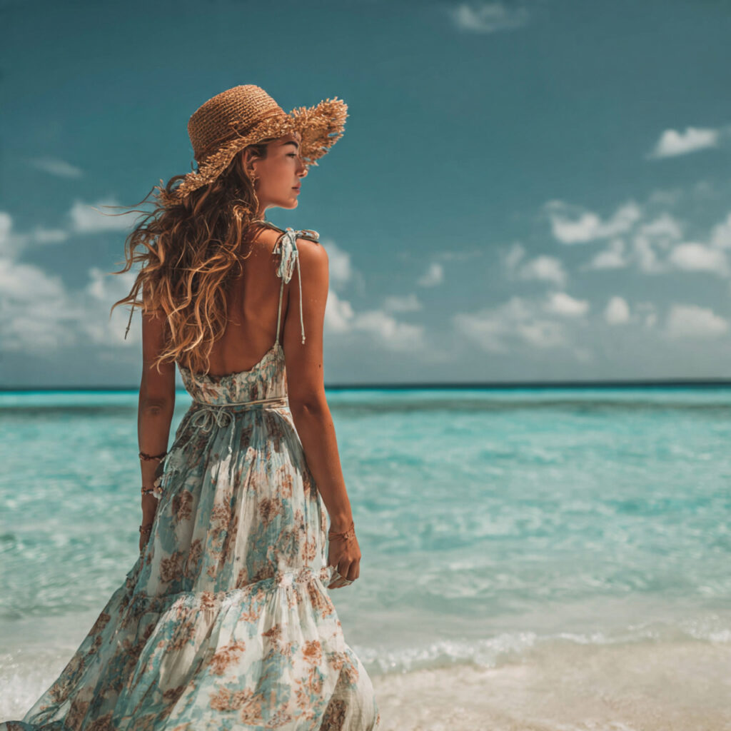 15 Beach Outfit Ideas You’ll Want to Wear All Summer (Effortless, Cute & Totally Instagram-Ready) 2 Flowy Maxi Dress Straw Hat