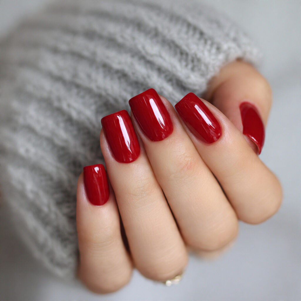 Glossy Red Short Square Nails