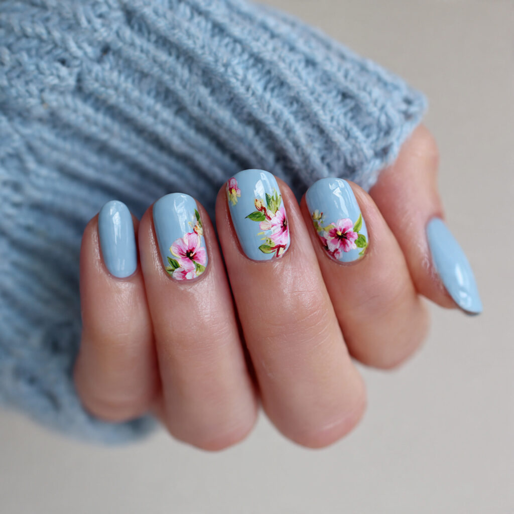 Light Blue Floral Nails
