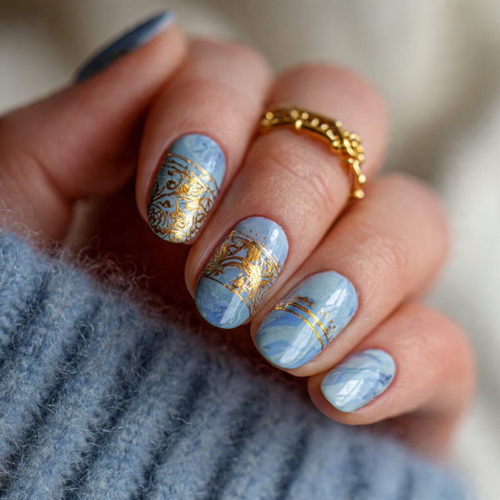 Light Blue and Gold Accent Nails