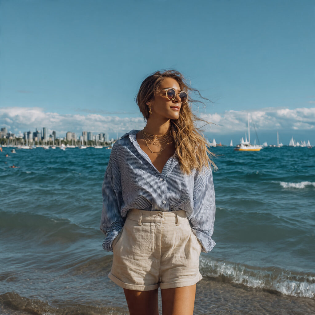 15 Beach Outfit Ideas You’ll Want to Wear All Summer (Effortless, Cute & Totally Instagram-Ready) 3 Linen Shorts Oversized Button Up