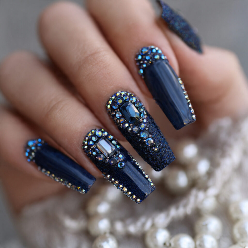 15 Dark Blue Nail Ideas That Look Expensive (But Are Totally Wearable Tomorrow) 13 Navy Blue with Rhinestones