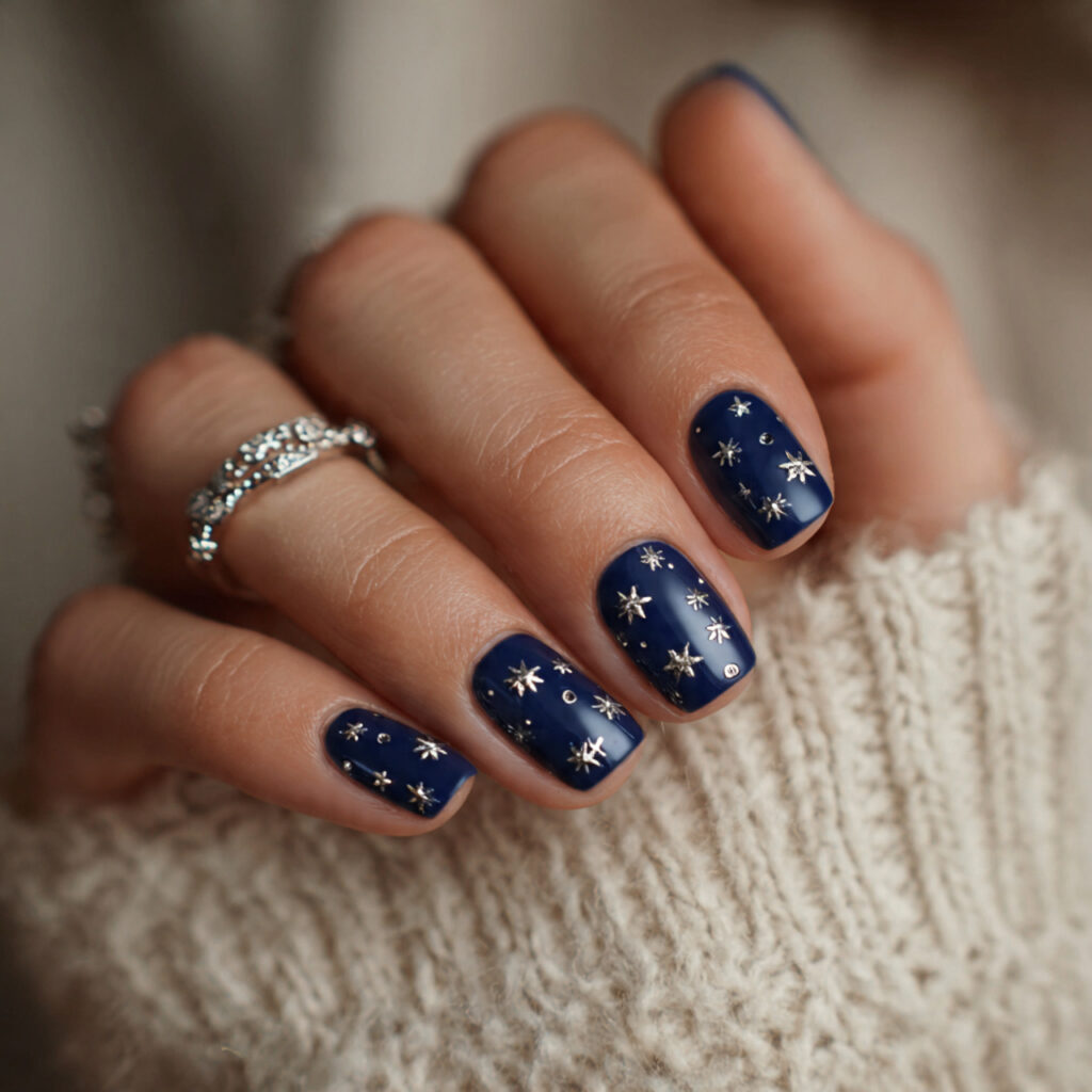 15 Dark Blue Nail Ideas That Look Expensive (But Are Totally Wearable Tomorrow) 11 Navy Blue with Silver Stars