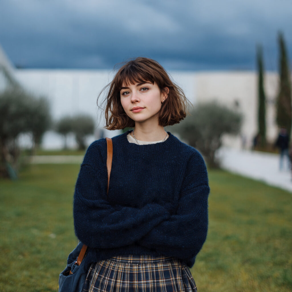 14 Blue Outfit Ideas That Make Getting Dressed Feel Effortlessly Chic 8 Navy Sweater + Plaid Skirt