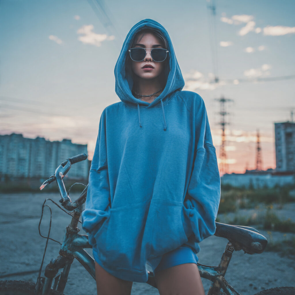 14 Blue Outfit Ideas That Make Getting Dressed Feel Effortlessly Chic 10 Oversized Blue Hoodie + Biker Shorts