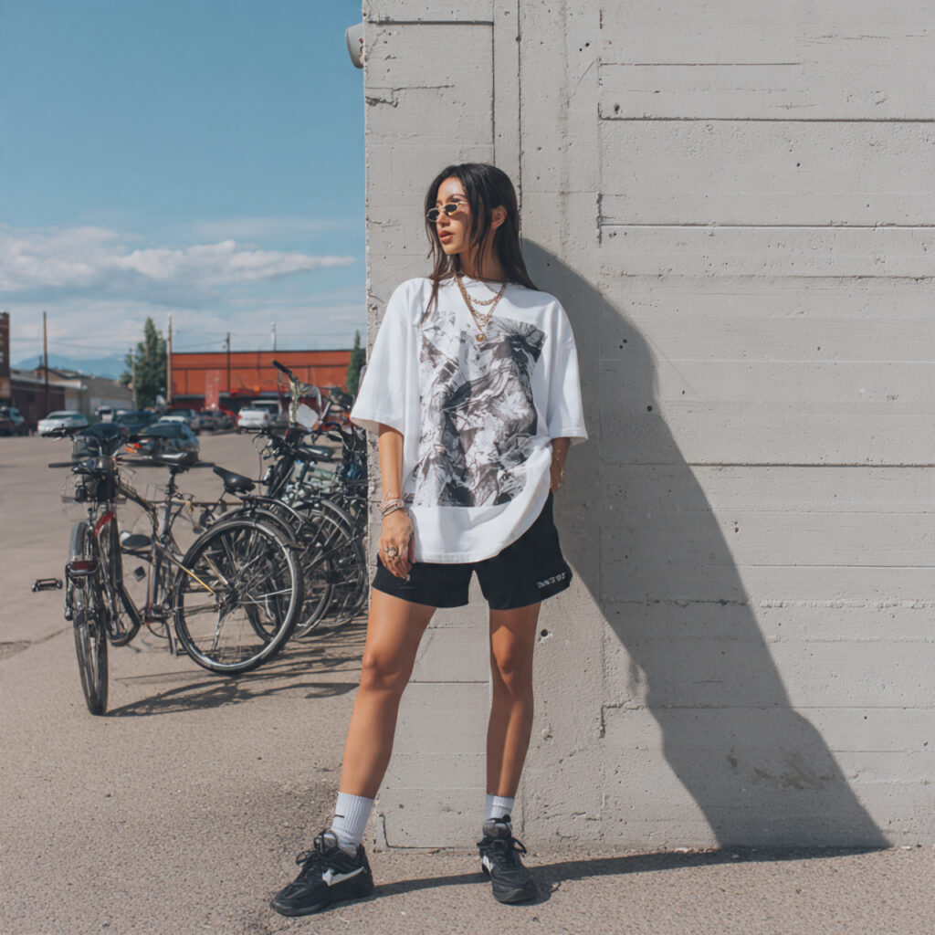 13 Summer Outfit Ideas That Make Getting Dressed in the Heat Actually Fun 3 Oversized Graphic Tee + Biker Shorts
