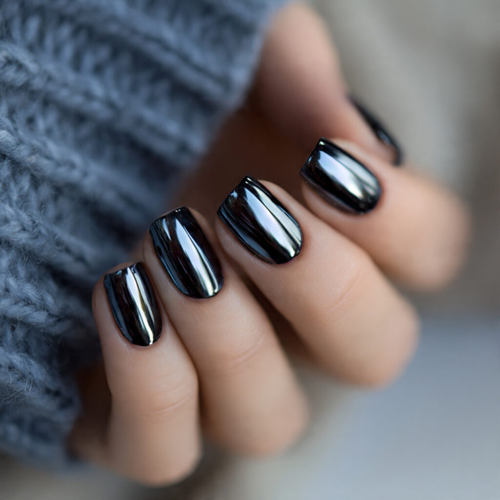 Short Black Chrome Nails