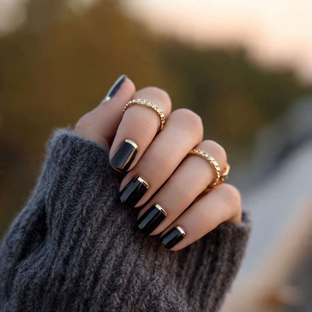 Short Black Nails with Gold Accents