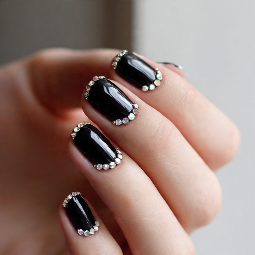 Short Black Nails with Rhinestones