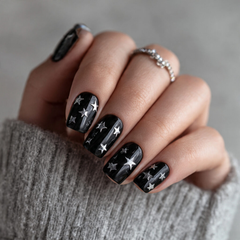 Short Black Nails with Silver Stars