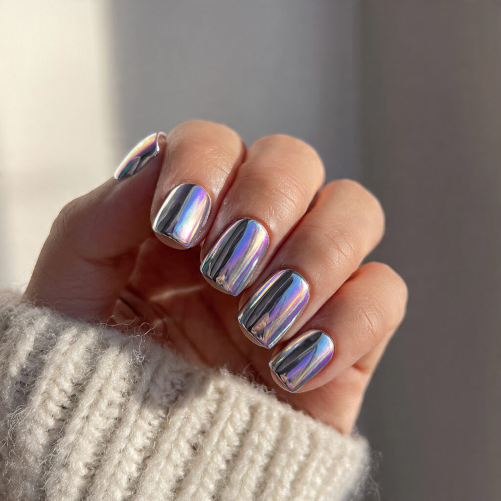 Short Square Nails with Chrome Finish