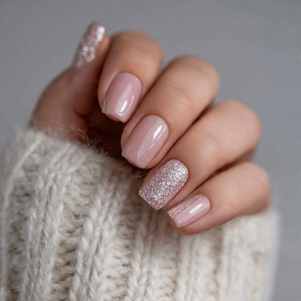 Short Square Nails with Glitter Accent