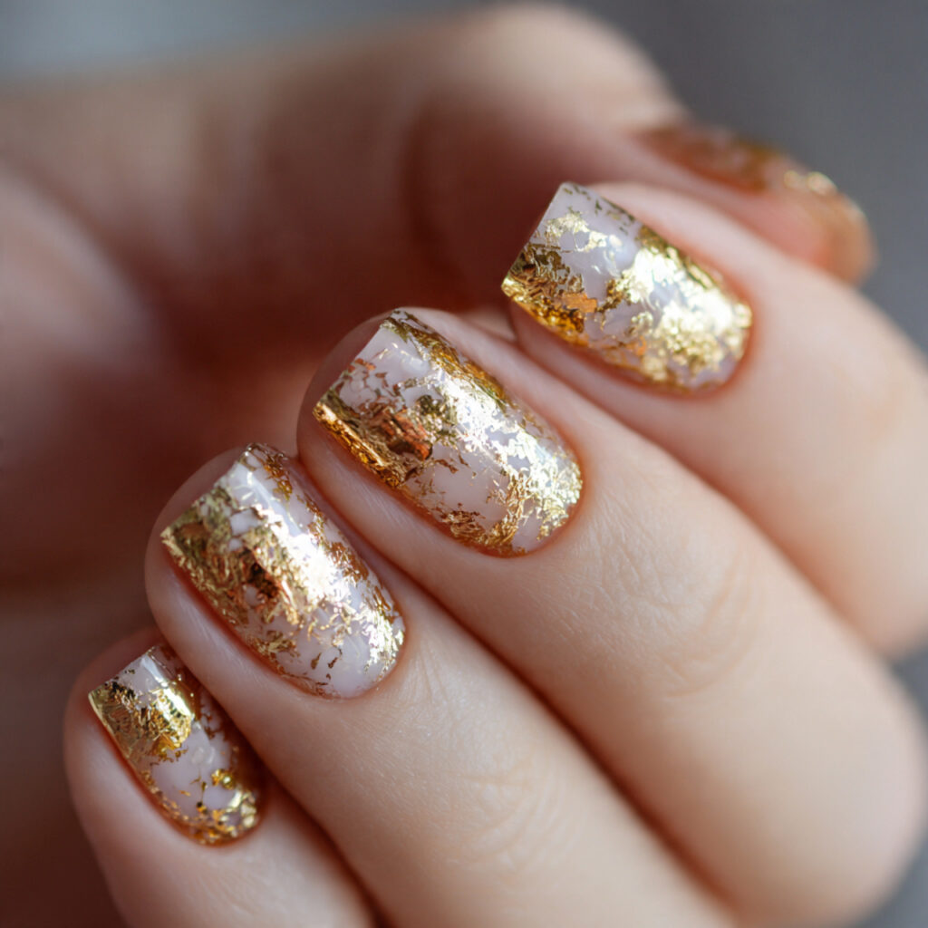 Short Square Nails with Gold Foil