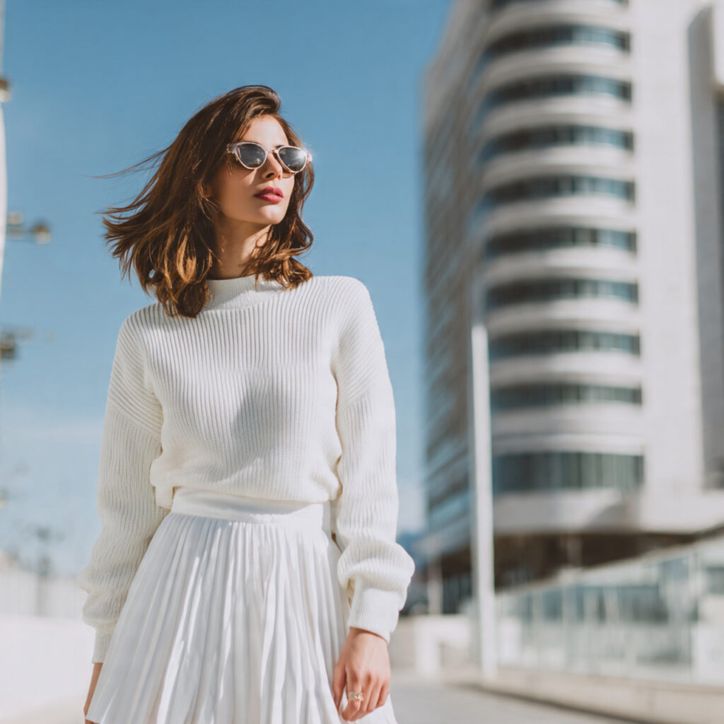 13 White Skirt Outfit Ideas That Look Effortlessly Chic (And Work for Literally Any Day) 5 White Pleated Skirt Knit Sweater