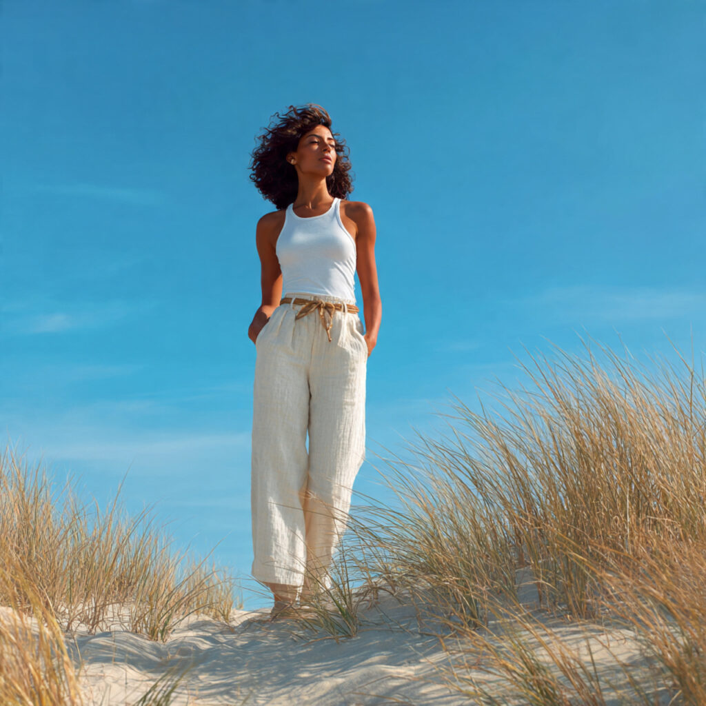 15 Beach Outfit Ideas You’ll Want to Wear All Summer (Effortless, Cute & Totally Instagram-Ready) 6 White Tank Linen Pants