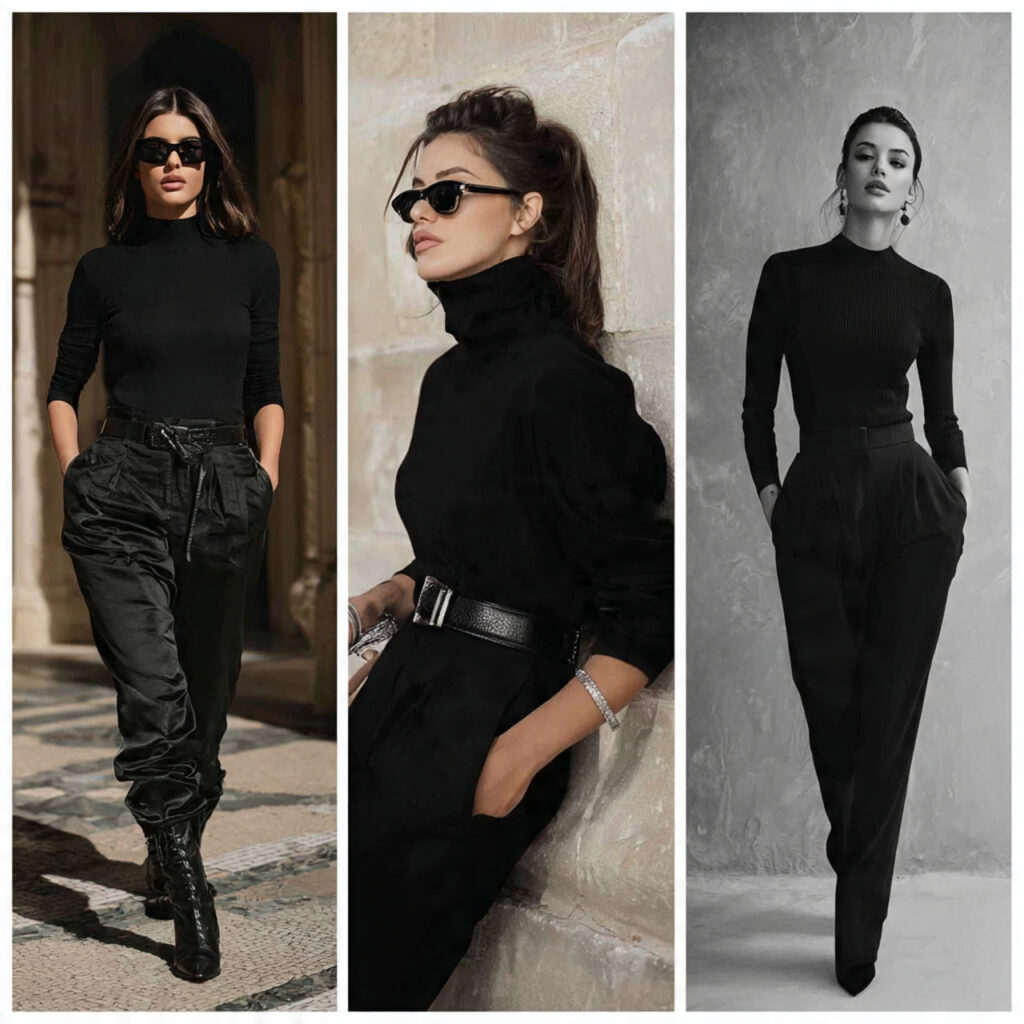 all black outfit for women with different pose