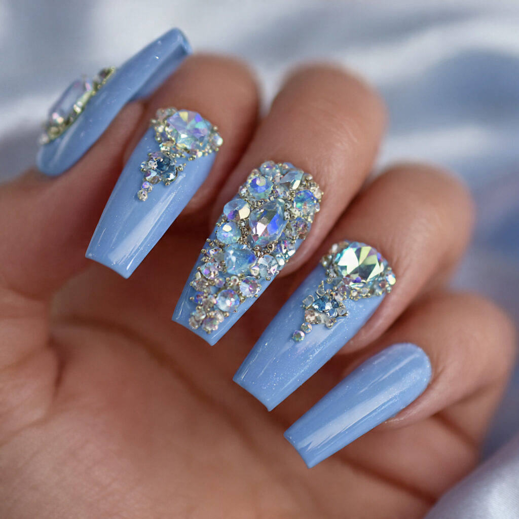 14 Baby Blue Nails Ideas That Are Soft, Chic, and Seriously Addictive 14 baby blue rhinestone nails