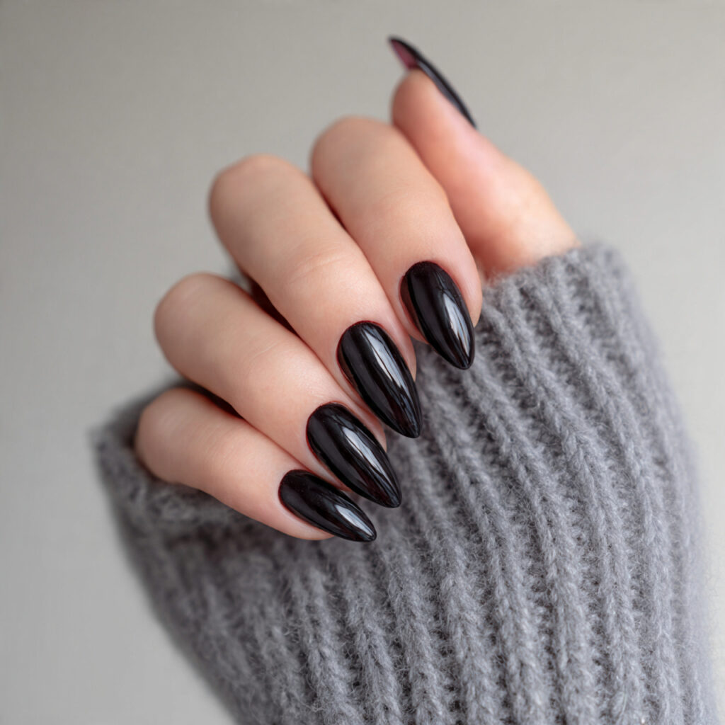 12 Almond Nails Designs That Instantly Make Your Hands Look Expensive (Yes, Even on Lazy Days) 7 black almond nails 1