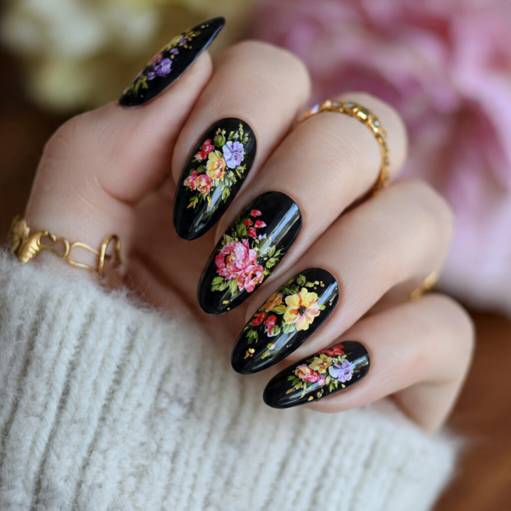 black almond nails with floral art 1