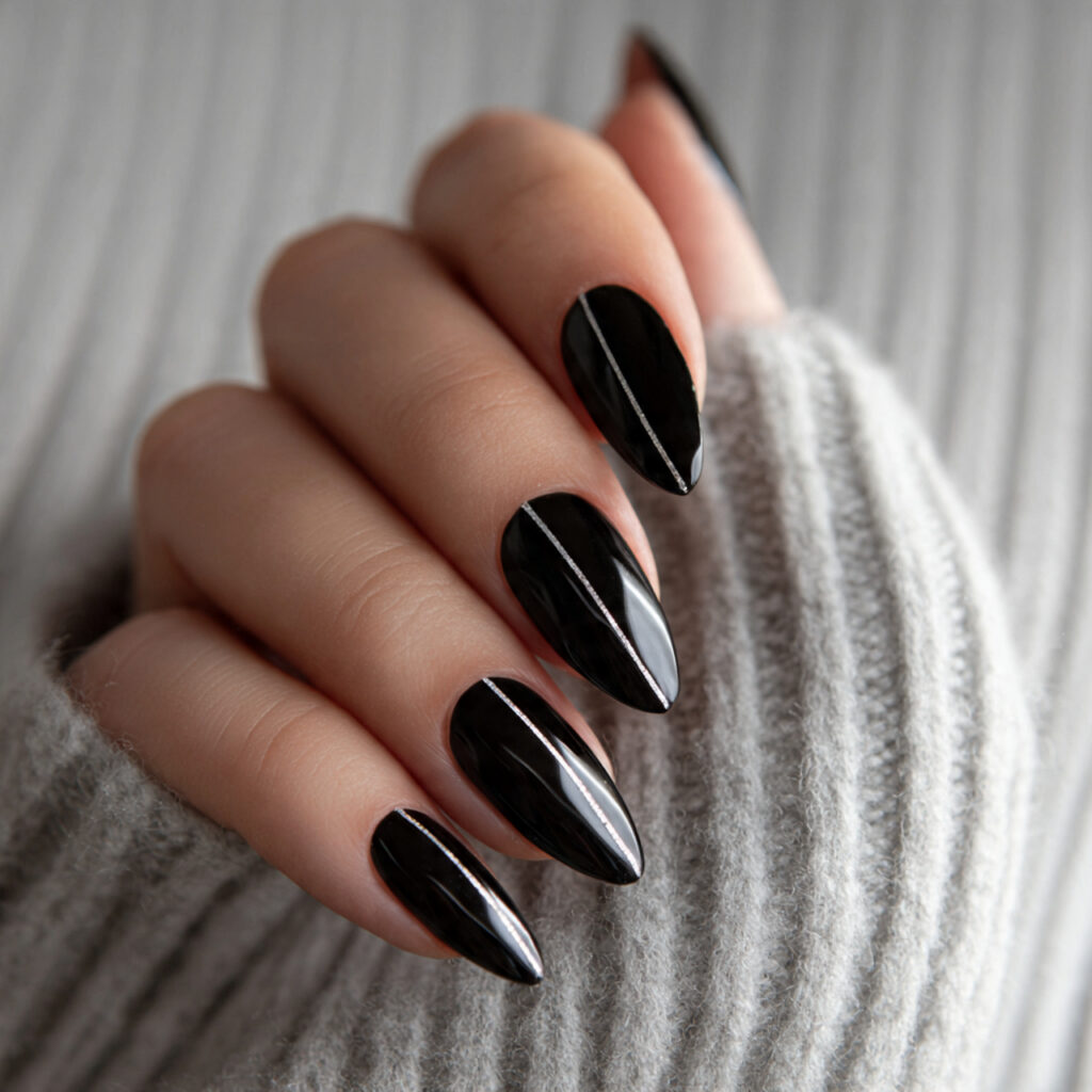 black almond nails with minimal lines 1