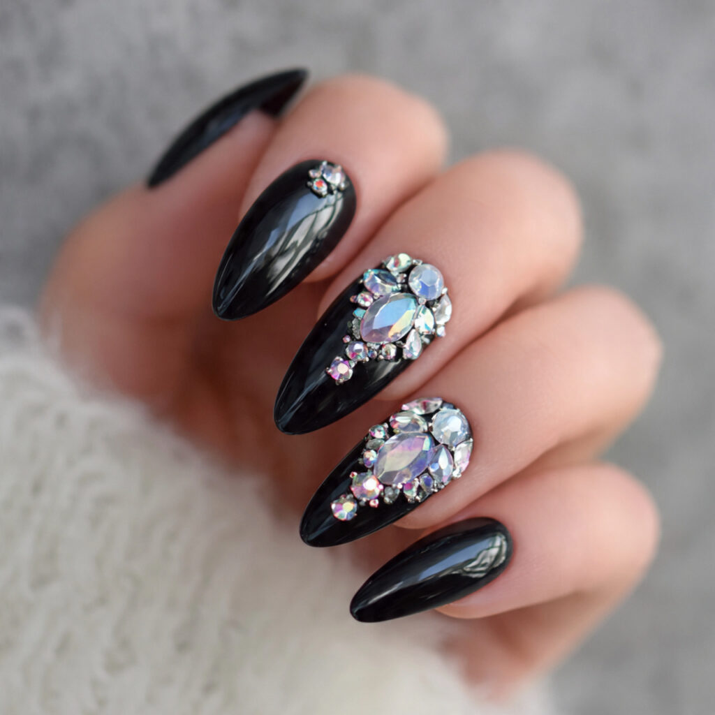 black almond nails with rhinestones 2