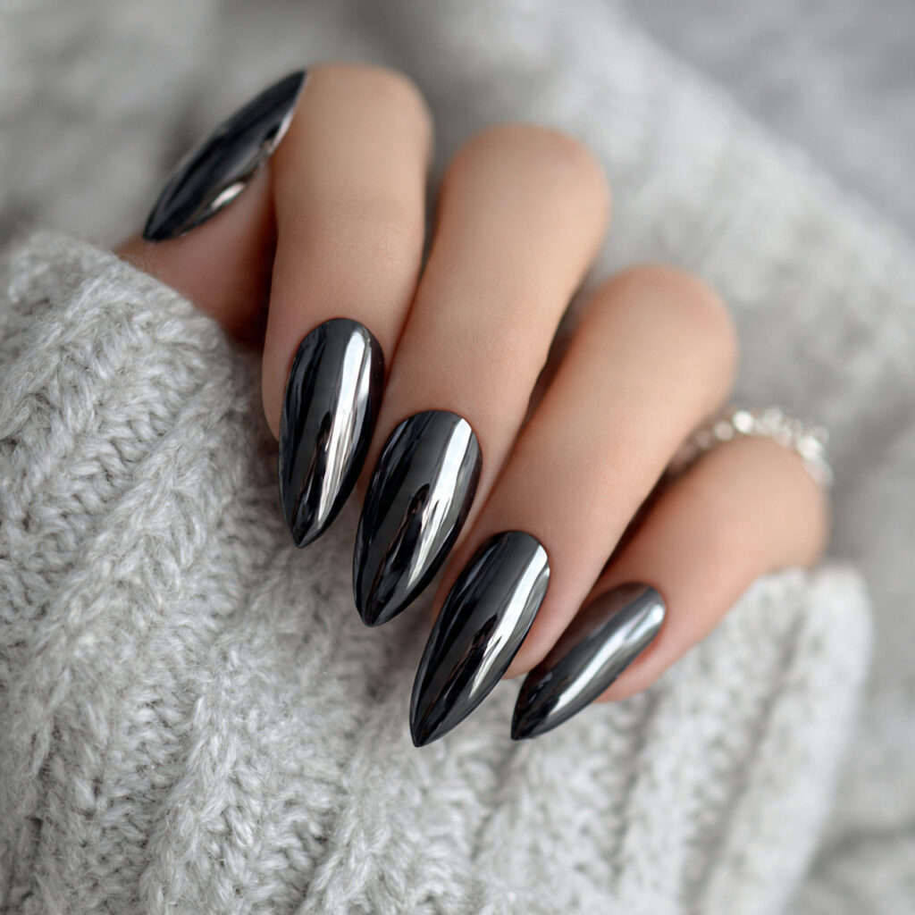black almond nails with silver chrome