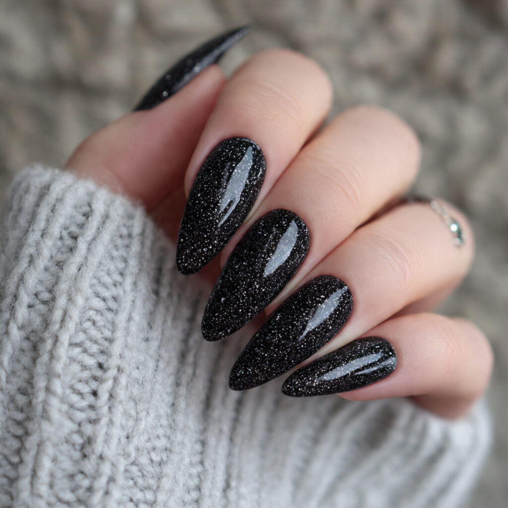 black glitter almond nails