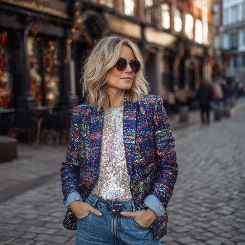 blazer sparkly top jeans for christmas outfit