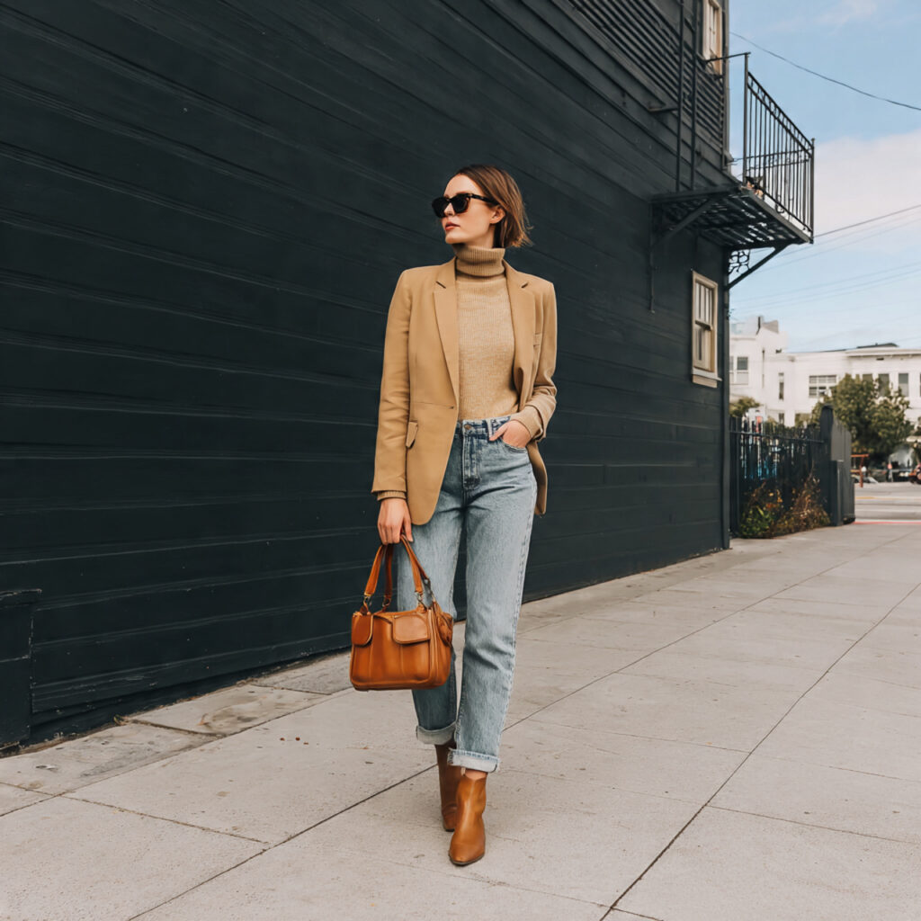 blazer turtleneck straight leg jeans