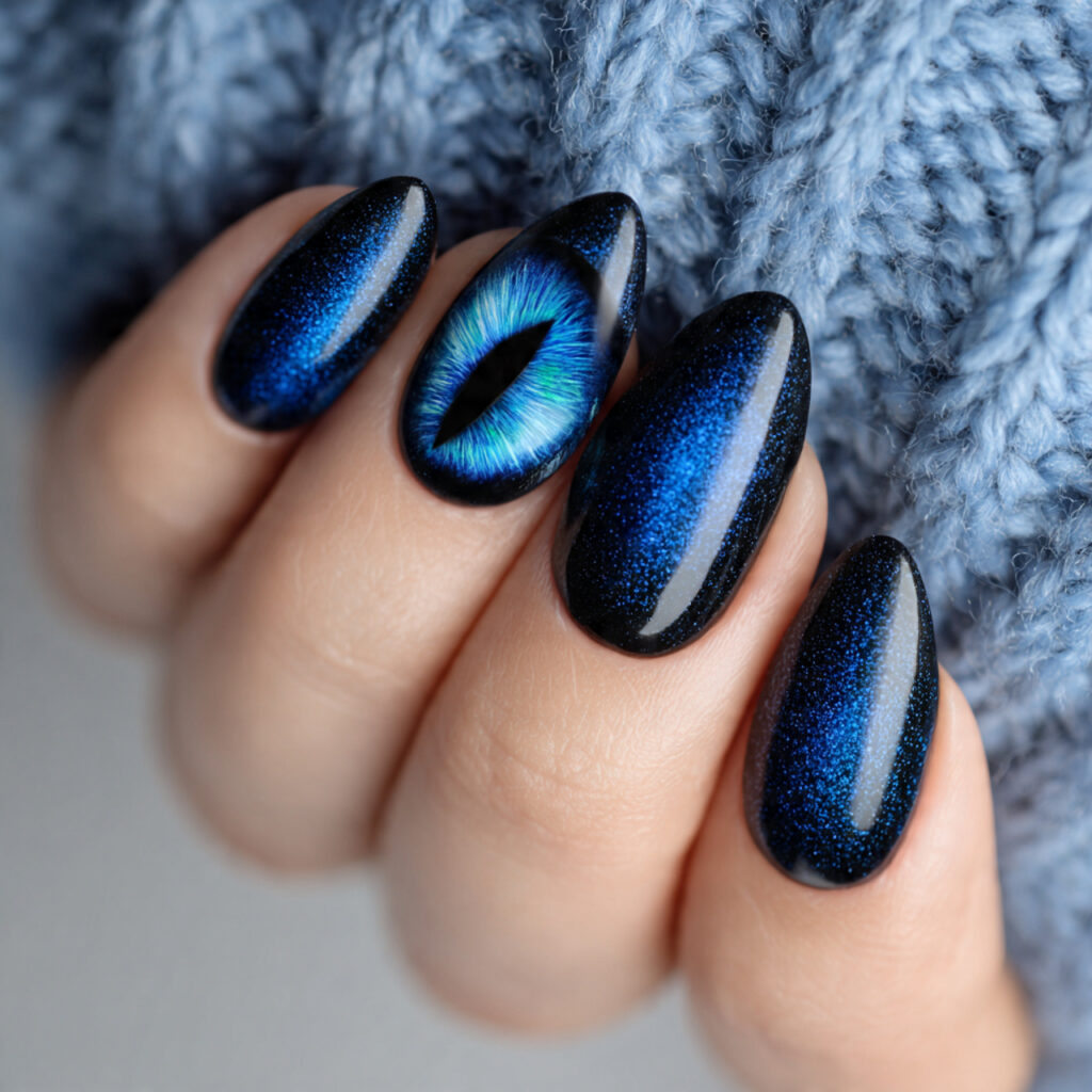 14 Trending Blue Nail Ideas Everyone Is Obsessed With Right Now (Your Next Mani Just Found You) 11 blue cat eye nails