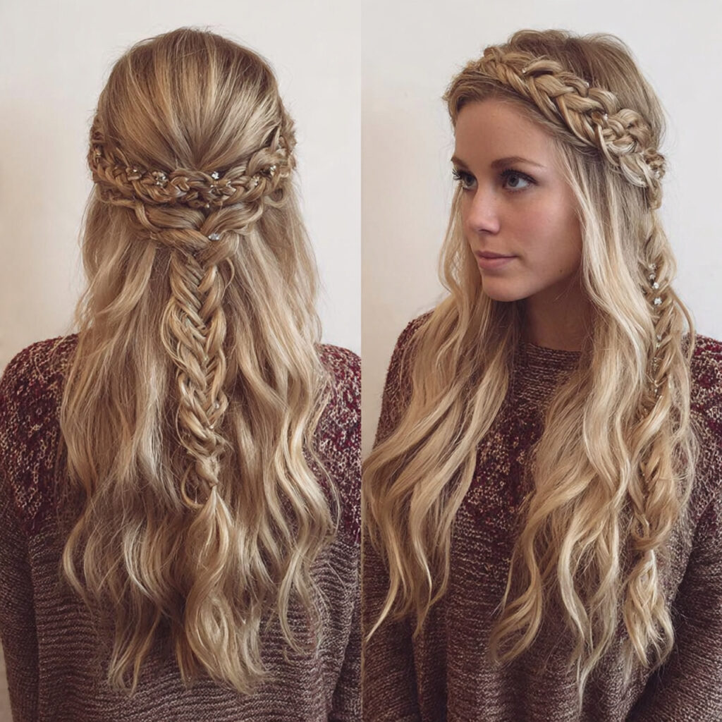 boho braided crown with long hairstyles ideas