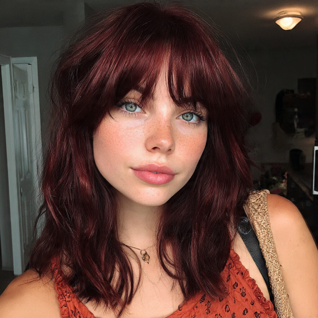 cherry cola with curtain bangs