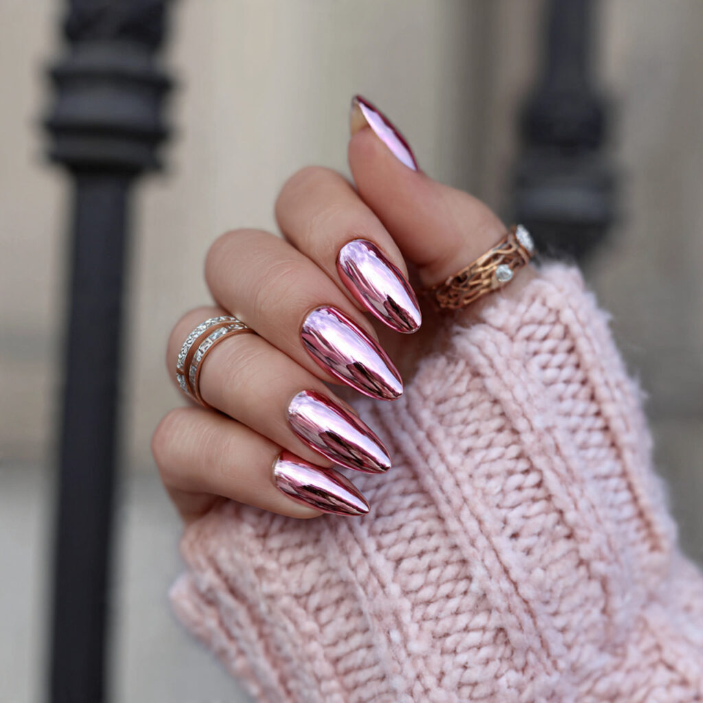 15 Almond Acrylic Nails That Instantly Elevate Your Style (And the Outfits That Look Amazing With Them) 6 chrome almond acrylic nails street style fit