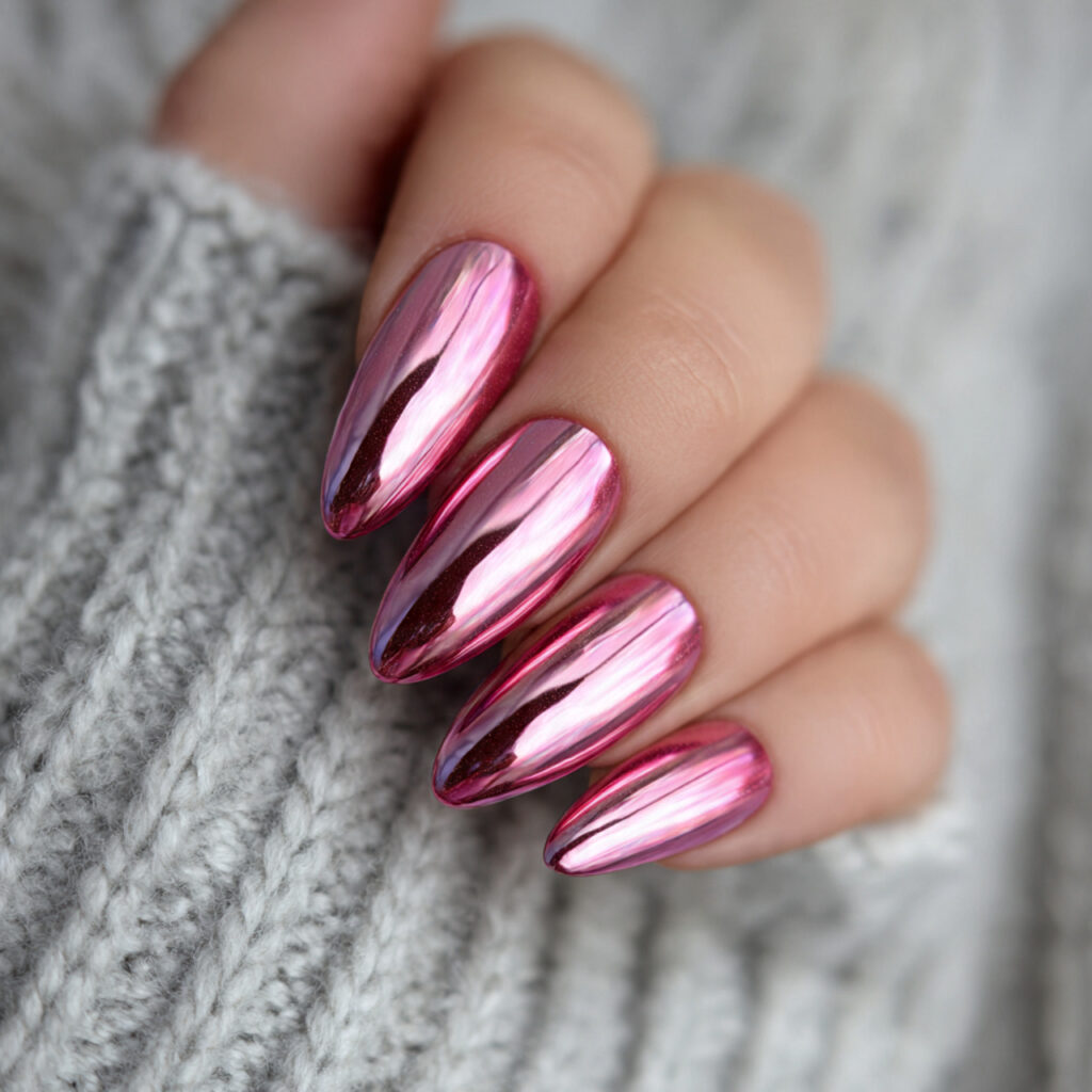 13 Pink Almond Nails That Are Cute, Classy, and Seriously Hard to Stop Staring At 9 chrome pink almond nails