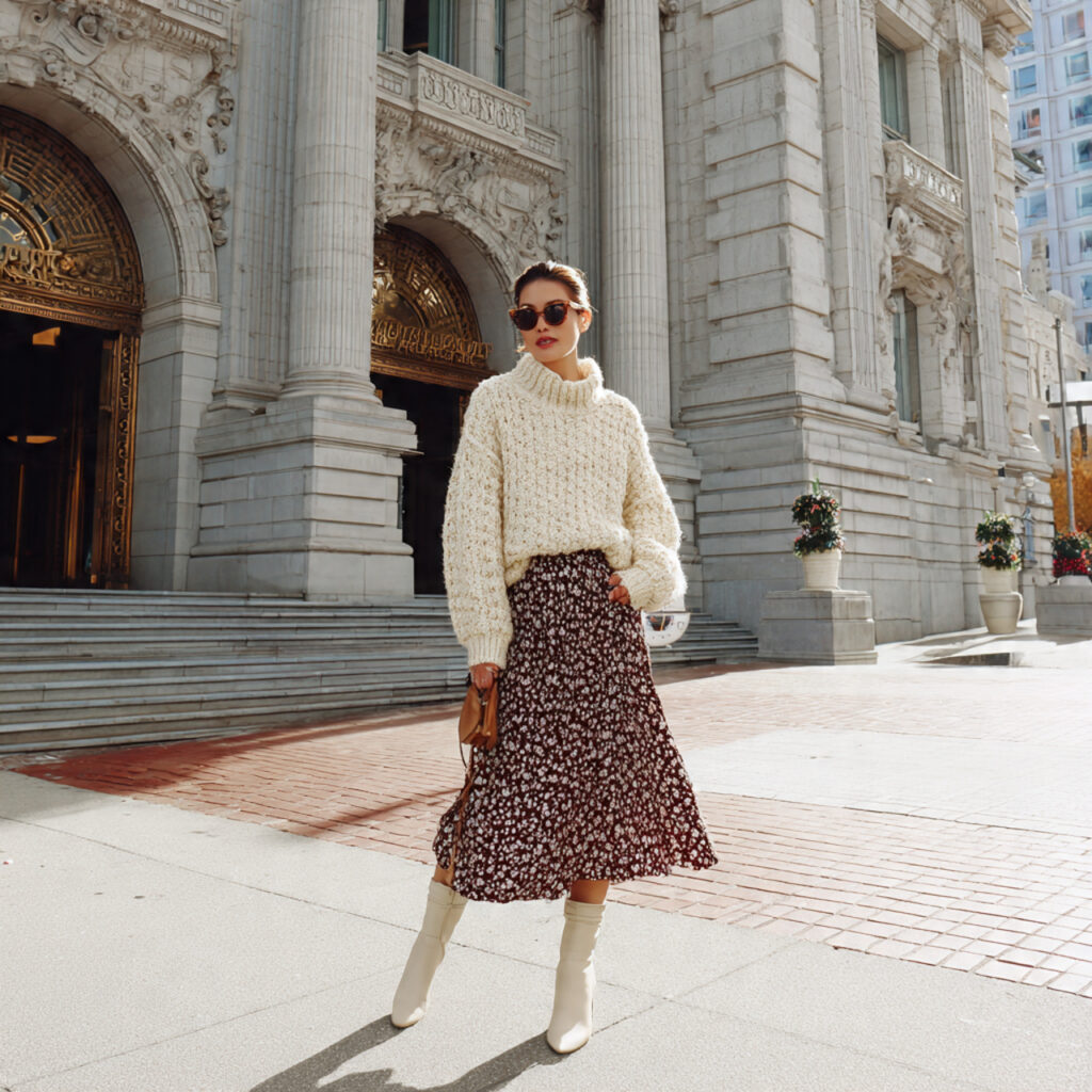 chunky knit sweater midi skirt boots