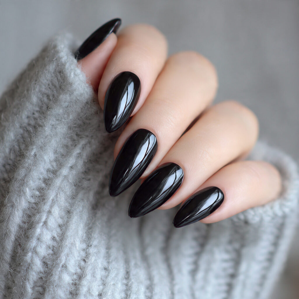 classic glossy black almond nails