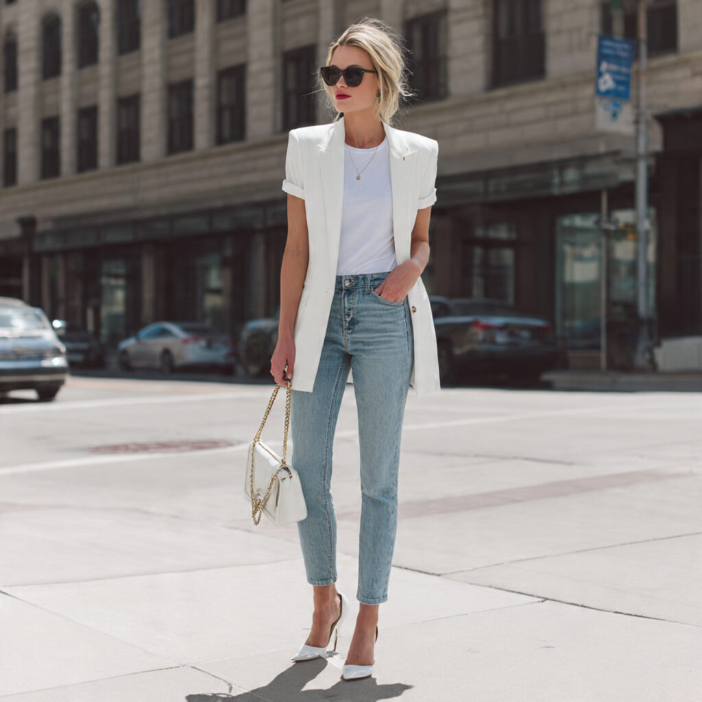 classic jeans white tee statement jacket for women