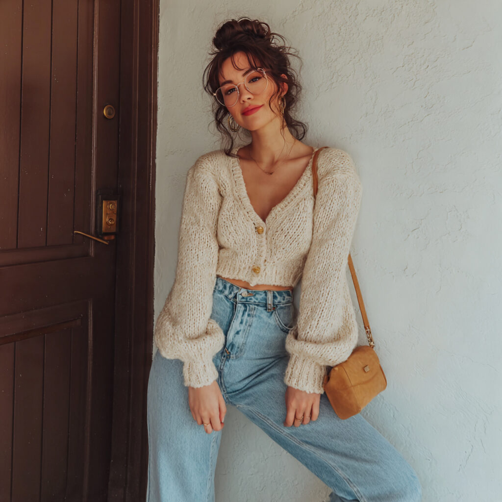 cropped cardigan high waisted jeans for women