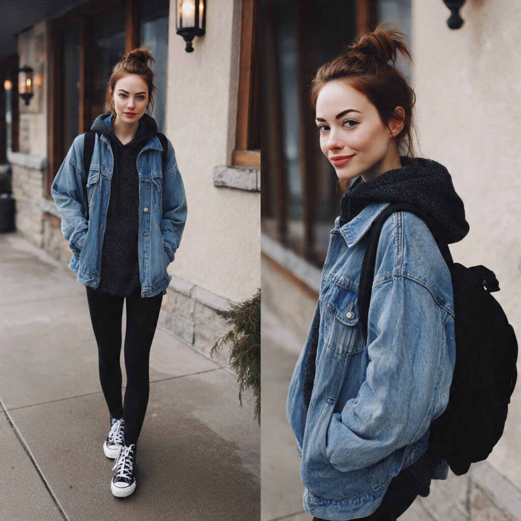 denim jacket hoodie black leggings