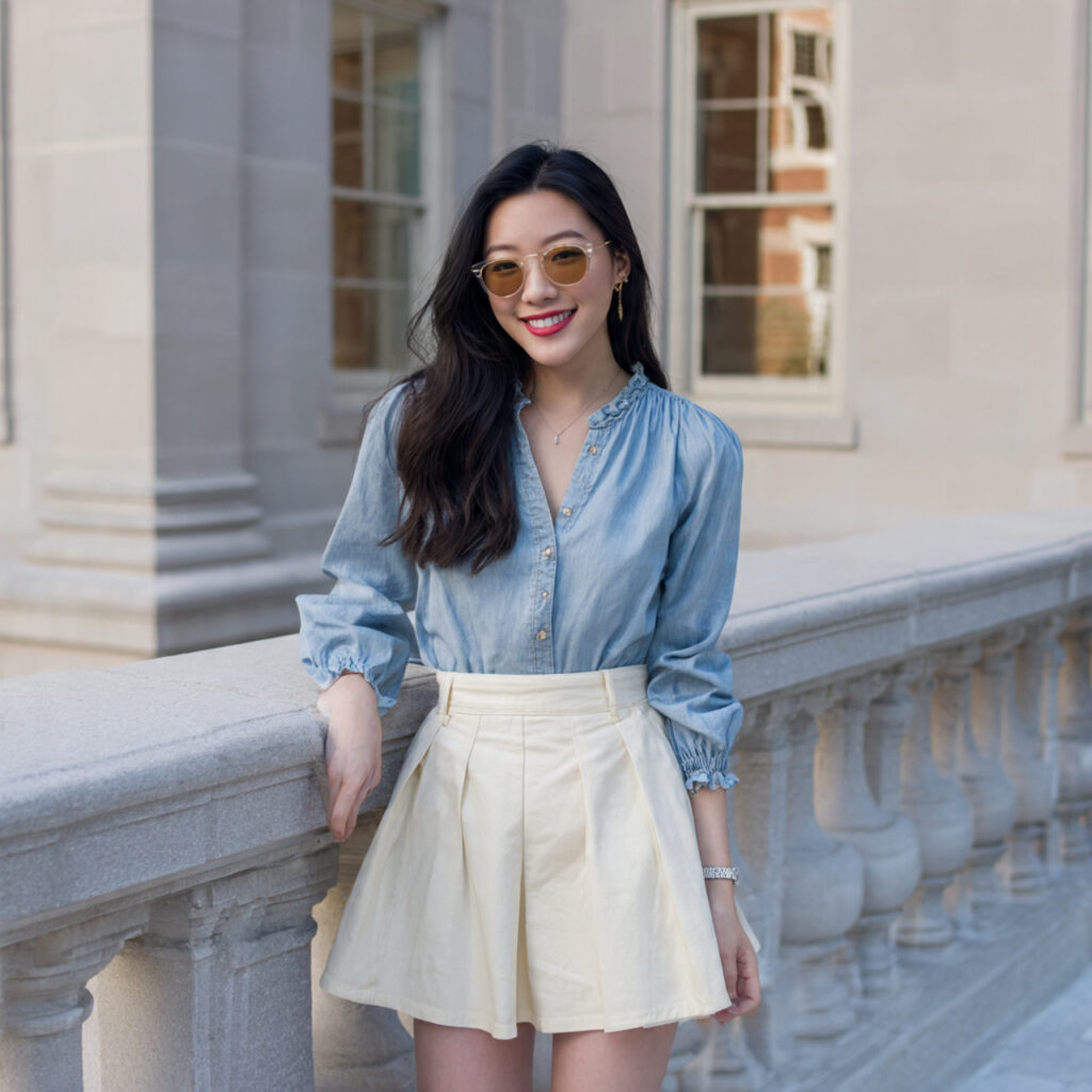 13 Graduation Outfit Ideas That Will Make You Look Main Character-Level Chic 13 denim skirt elegant blouse for graduation outfit