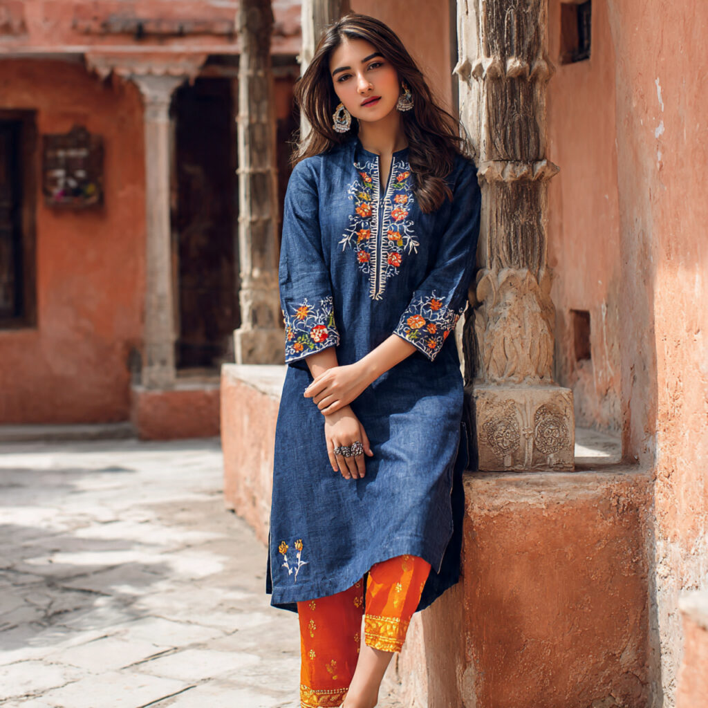 12 Eid Outfit Ideas That’ll Make You Feel Like the Main Character This Eid 13 denim with festive kurti eid outfit for womens