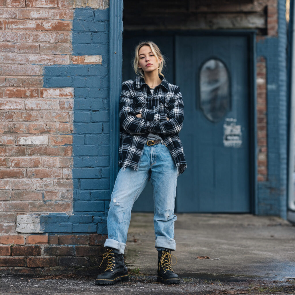 flannel shirt denim combat boots