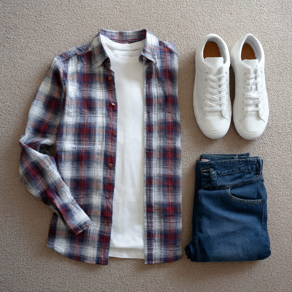 14 Outfit Ideas for School That Make Getting Dressed at 7 AM Way Easier (and Actually Stylish) 9 flannel shirt white tee jeans for school outfits